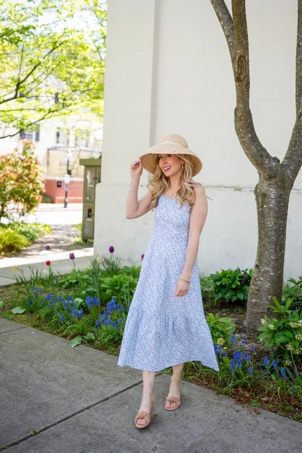 Blue Floral Midi Dress with Straw Hat Blue Floral Midi Dress with Straw Hat — Classy Outdoor Outfit