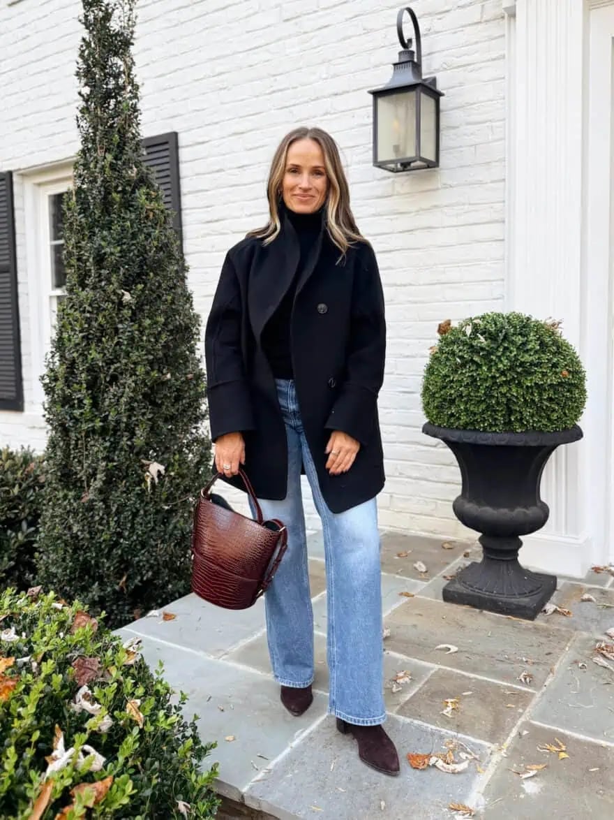 Black Double-Breasted Coat Over Turtleneck and Jeans Black Double-Breasted Coat Over Turtleneck and Jeans — Classy Outdoor Outfit