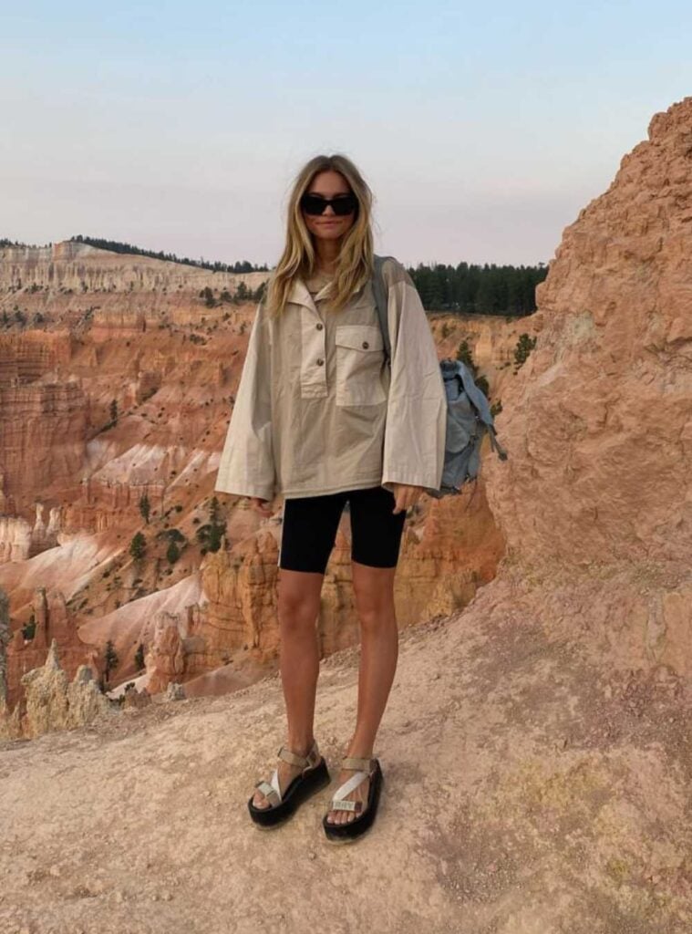 Beige Oversized Shirt with Black Biker Shorts Beige Oversized Shirt with Black Biker Shorts — Classy Outdoor Outfit