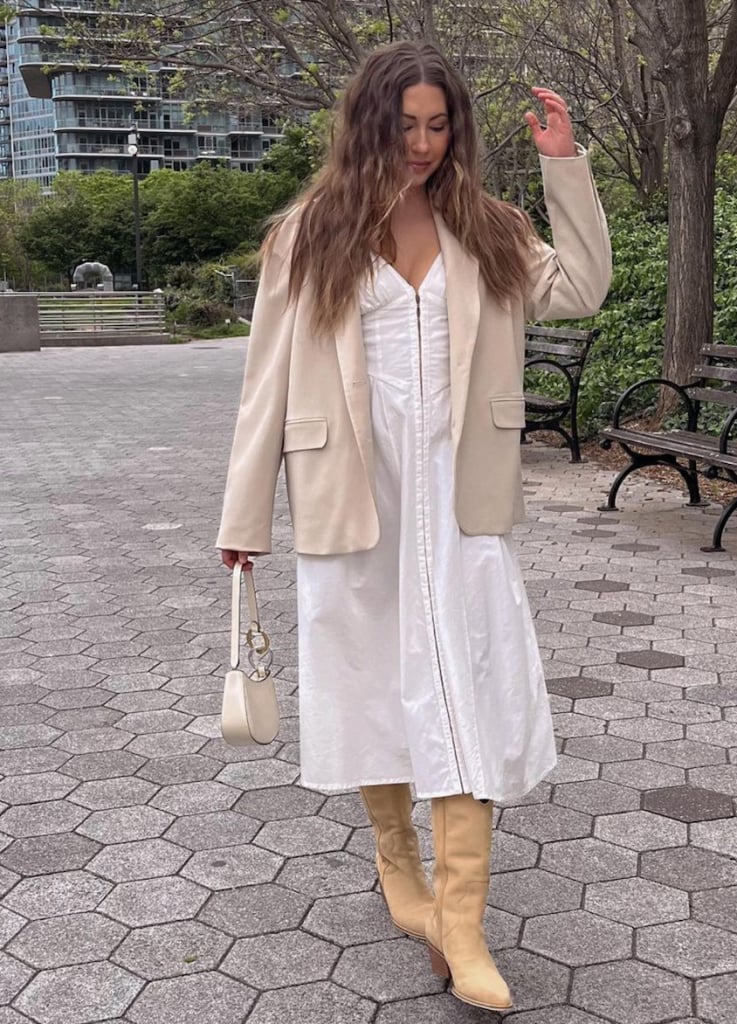 Midi Dress With Oversized Blazer And Tan Cowboy Boots Midi Dress With Oversized Blazer And Tan Cowboy Boots — Classy Outfits with Cowboy Boots