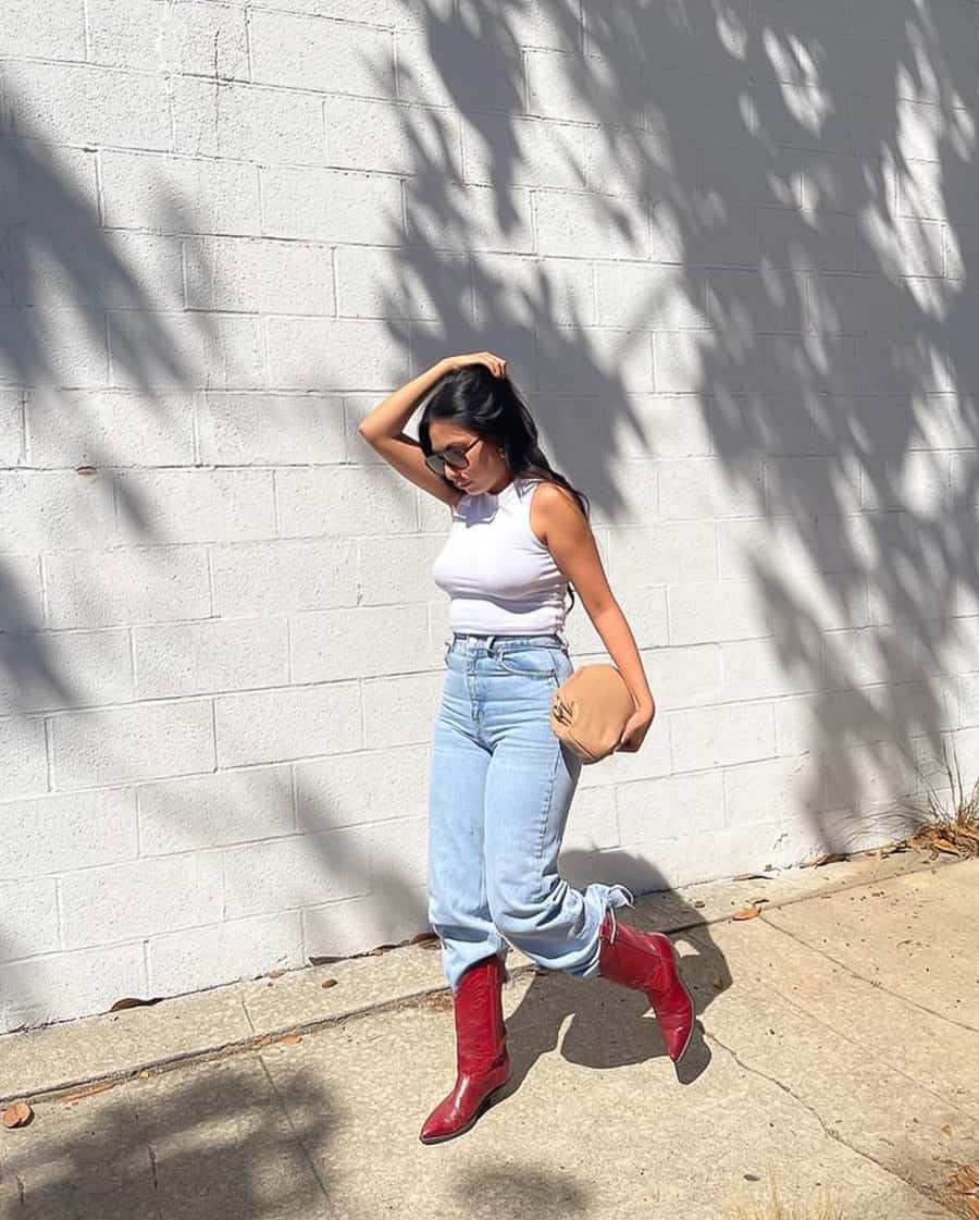 Wide Leg Jeans With Red Cowboy Boots Wide Leg Jeans With Red Cowboy Boots — Classy Outfits with Cowboy Boots
