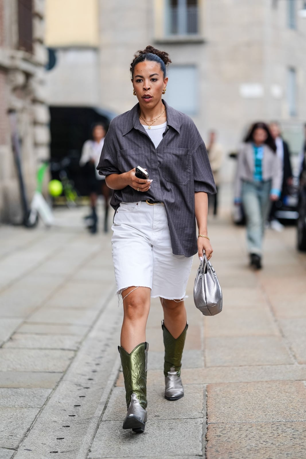 Pinstripe Shirt And Shorts With Metallic Green Cowboy Boots Pinstripe Shirt And Shorts With Metallic Green Cowboy Boots — Classy Outfits with Cowboy Boots