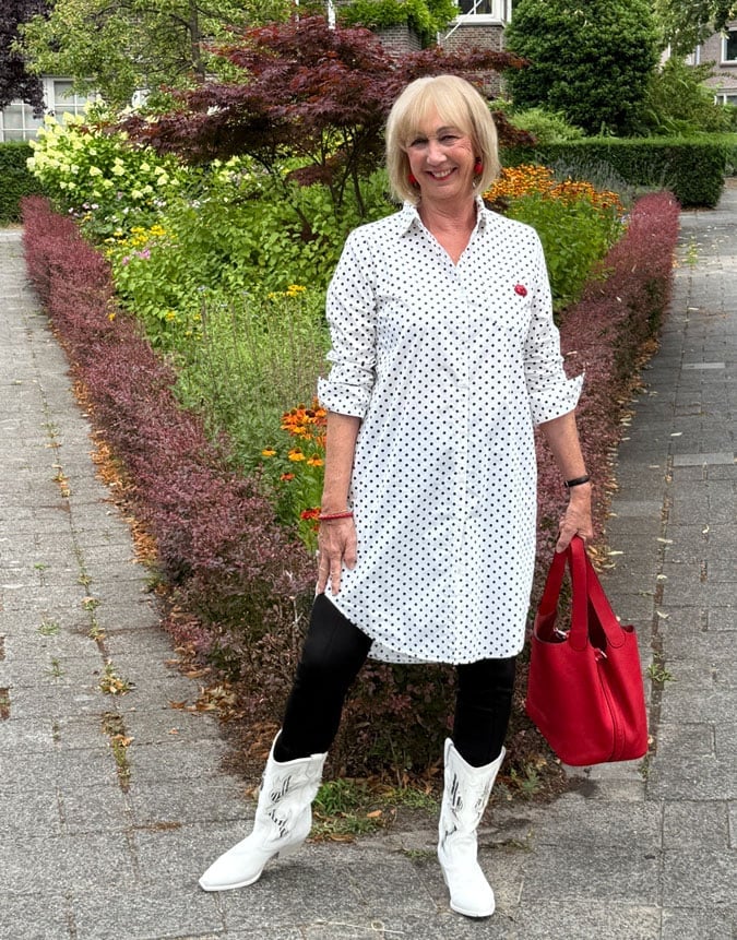 Shirt Dress With Leggings And White Cowboy Boots, Cotton Shirt Dress With Leggings And White Cowboy Boots, Cotton — Classy Outfits with Cowboy Boots