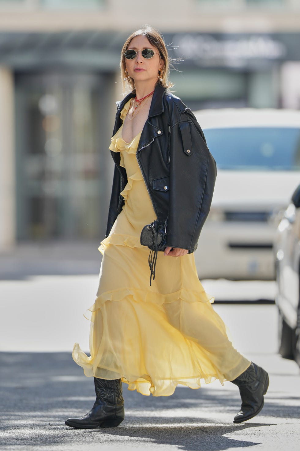 Maxi Dress With Leather Biker Jacket And Cowboy Boots Maxi Dress With Leather Biker Jacket And Cowboy Boots — Classy Outfits with Cowboy Boots