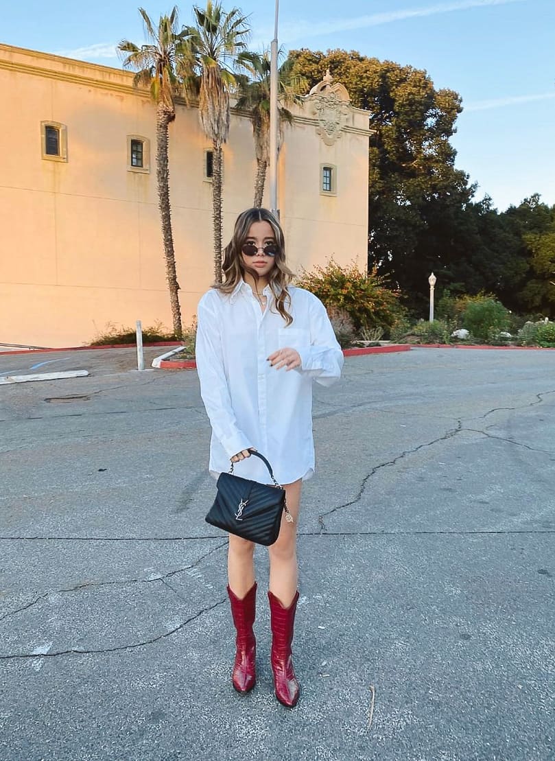 Oversized Button-Down Shirt With Red Cowboy Boots Oversized Button-Down Shirt With Red Cowboy Boots — Classy Outfits with Cowboy Boots