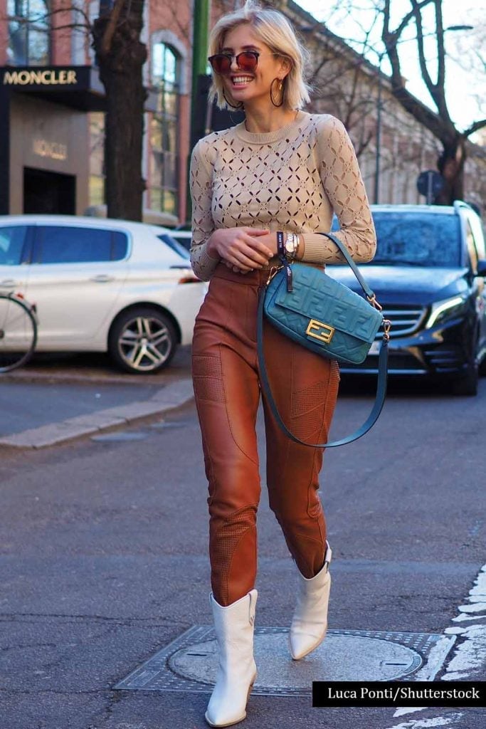 Textured Leather Pants With White Cowboy Boots Textured Leather Pants With White Cowboy Boots — Classy Outfits with Cowboy Boots