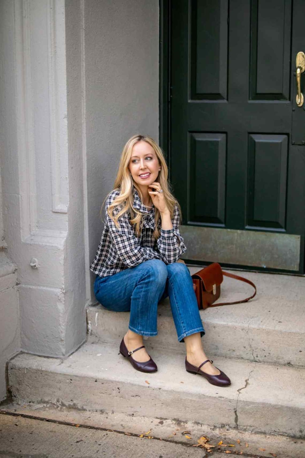 Dark Red Mary Jane Flats with Plaid Shirt and Cropped Jeans Dark Red Mary Jane Flats with Plaid Shirt and Cropped Jeans — Classy Outfits with Flats