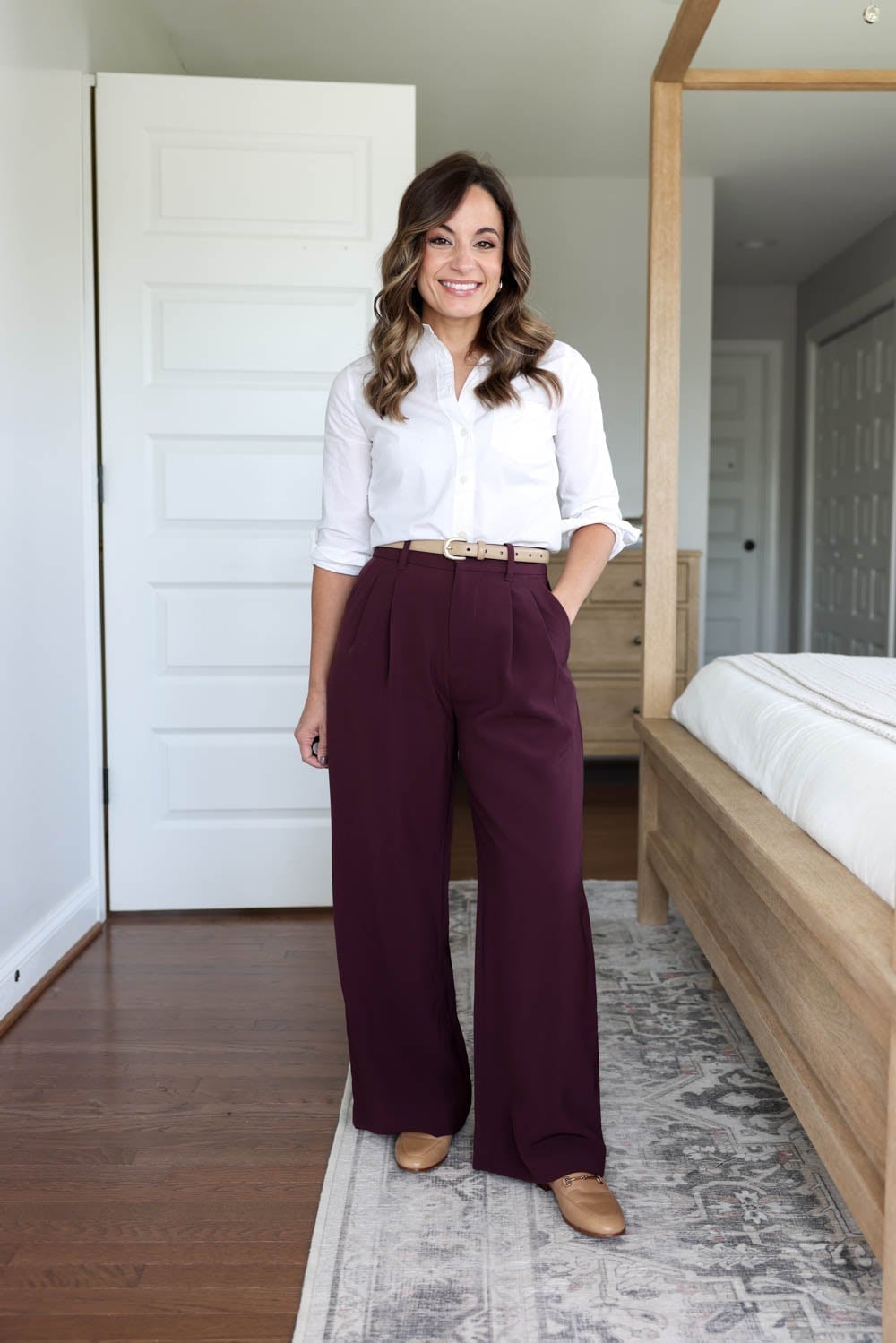 Nude Pointed-Toe Flats with Burgundy Wide-Leg, Office-Safe Version Nude Pointed-Toe Flats with Burgundy Wide-Leg, Office-Safe Version — Classy Outfits with Flats