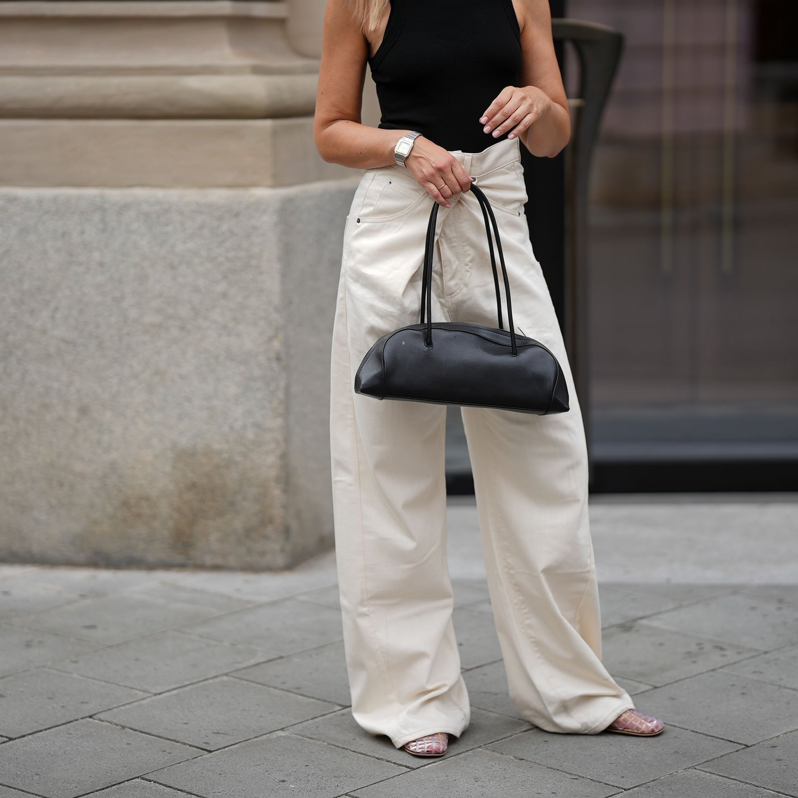 Pink Patterned Flats with Cream Wide-Leg Trousers, Close-Up Take Pink Patterned Flats with Cream Wide-Leg Trousers, Close-Up Take — Classy Outfits with Flats