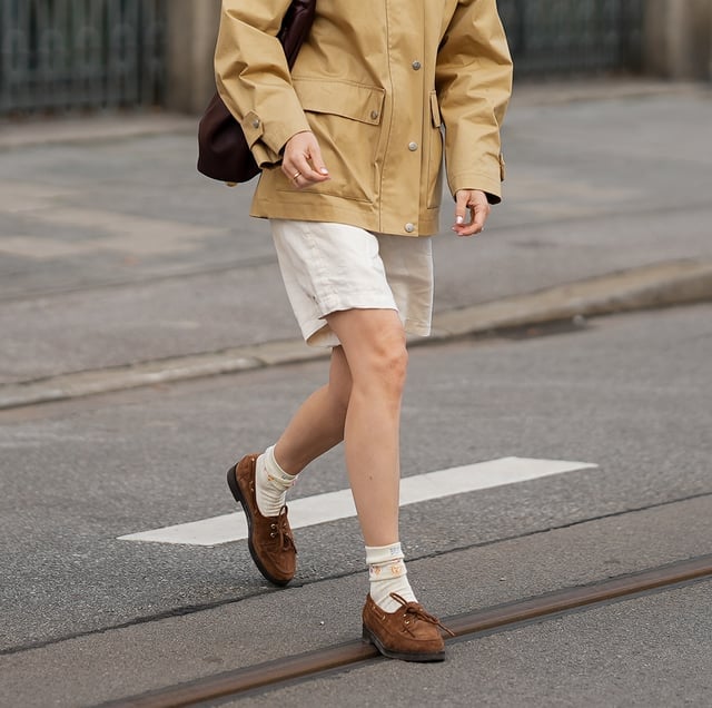 Brown Suede Boat Shoes with Utility Jacket, Office-Safe Version Brown Suede Boat Shoes with Utility Jacket, Office-Safe Version — Classy Outfits with Flats