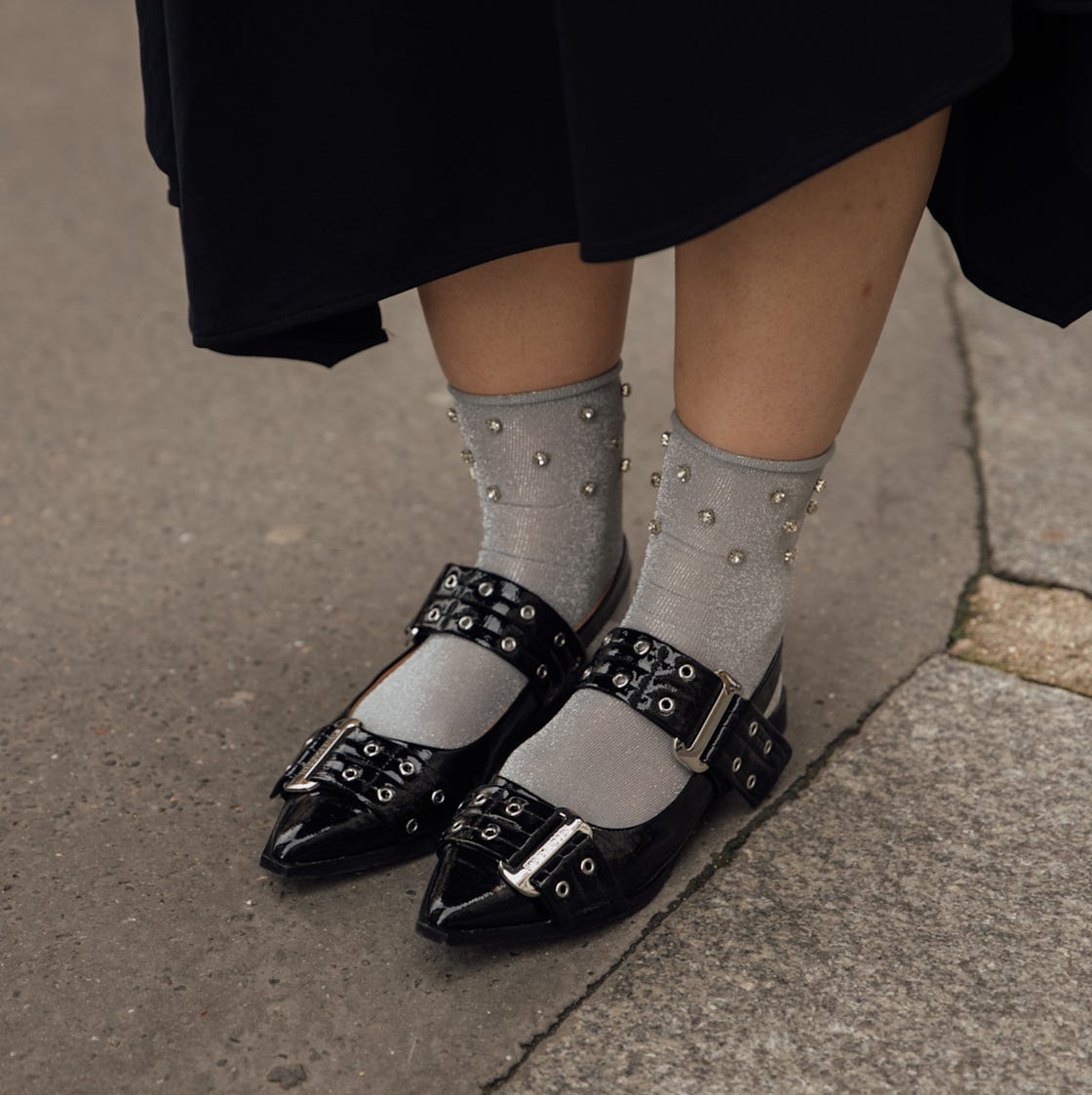 Buckled Black Flats with Sparkly Socks and Midi Skirt Buckled Black Flats with Sparkly Socks and Midi Skirt — Classy Outfits with Flats