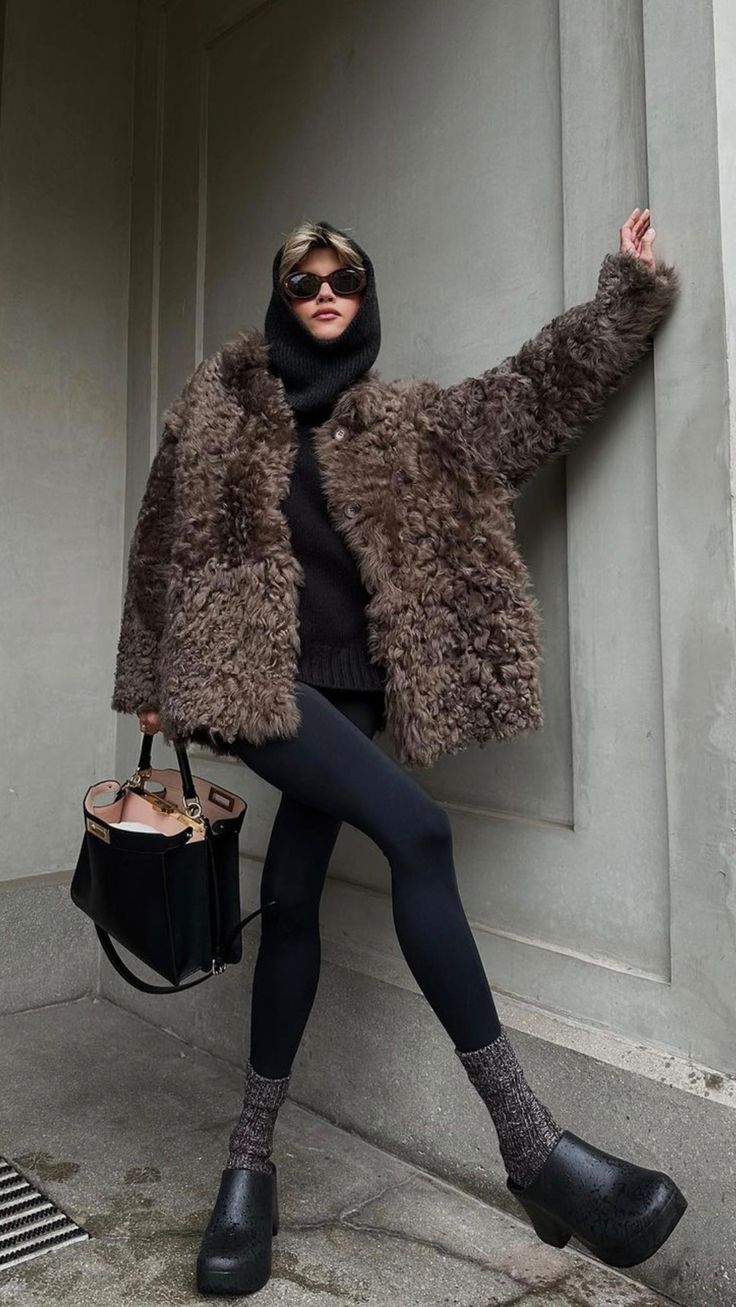 Textured Faux Fur Jacket Over Fitted Leggings Textured Faux Fur Jacket Over Fitted Leggings — Classy Outfits with Tights