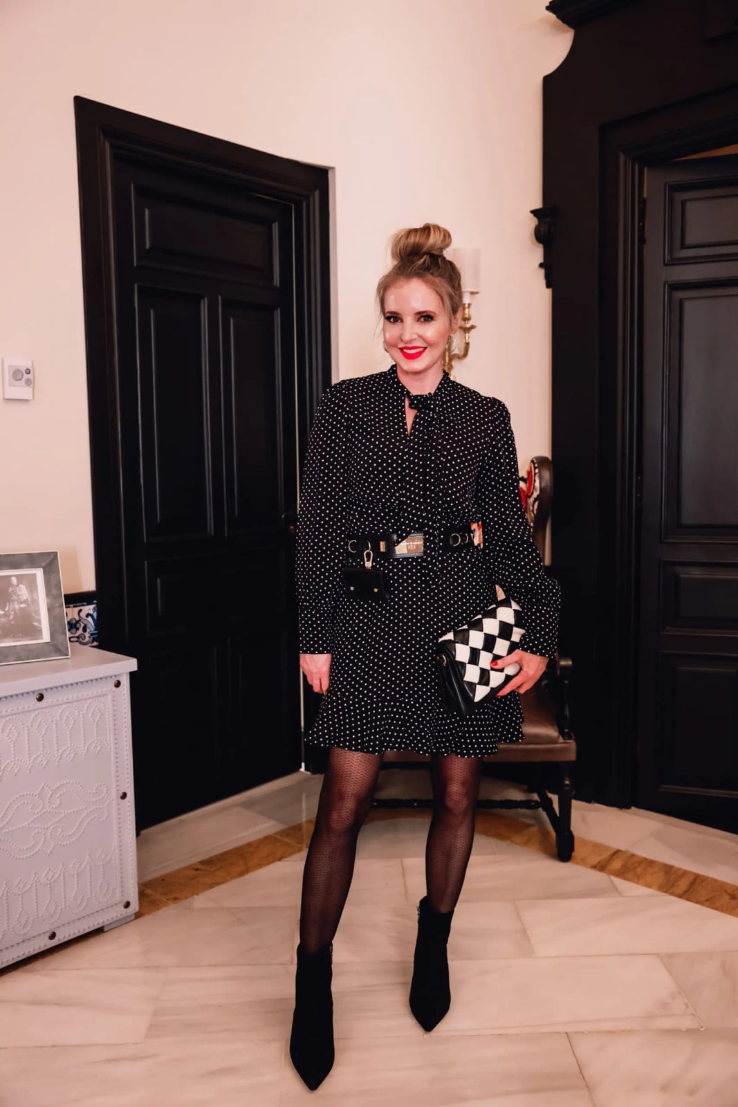 Polka Dot Mini Dress with Belt and Sheer Tights Polka Dot Mini Dress with Belt and Sheer Tights — Classy Outfits with Tights