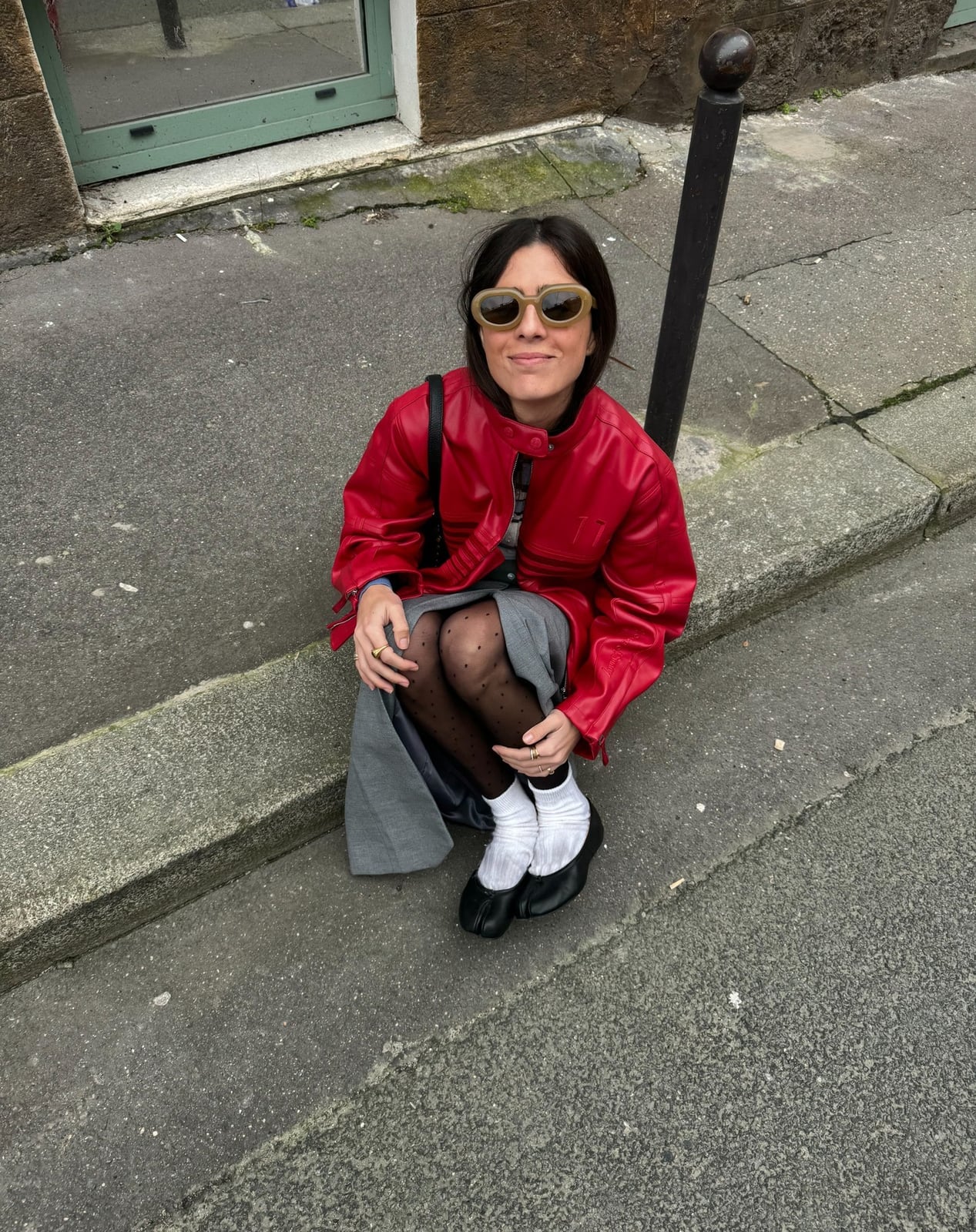 Red Leather Jacket Over Gray Dress with Polka Dot Tights Red Leather Jacket Over Gray Dress with Polka Dot Tights — Classy Outfits with Tights