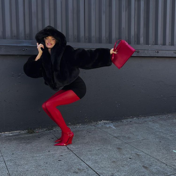 Shiny Red Tights with Black Mini Dress and Faux Fur Jacket Shiny Red Tights with Black Mini Dress and Faux Fur Jacket — Classy Outfits with Tights