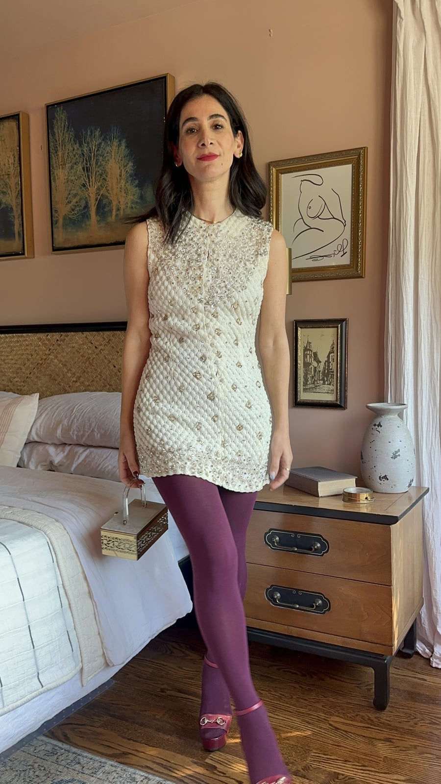Embellished Tunic Dress with Purple Tights Embellished Tunic Dress with Purple Tights — Classy Outfits with Tights