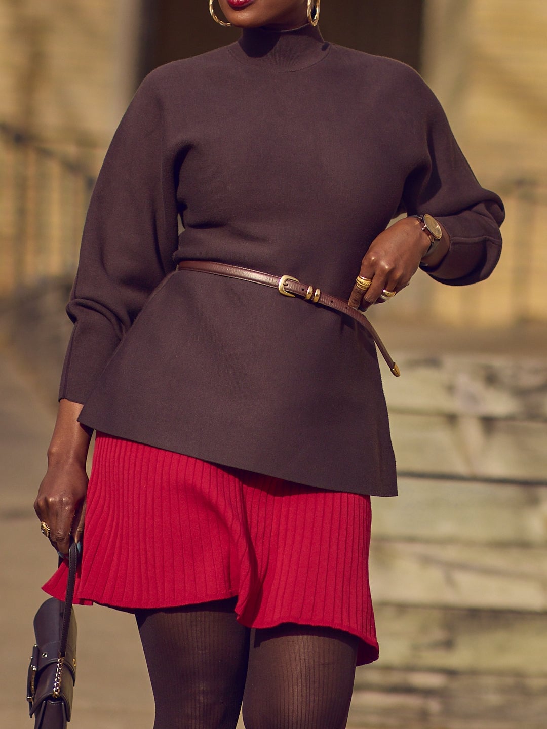 Knit Top and Belted Shorts with Sheer Tights Knit Top and Belted Shorts with Sheer Tights — Classy Outfits with Tights