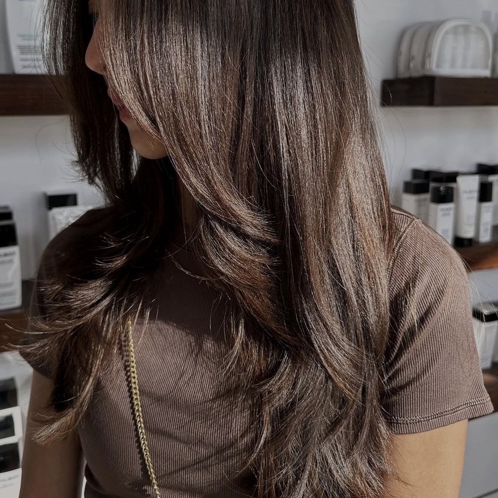 Dark Brown With Subtle Caramel Highlights And Curtain Bangs Dark Brown With Subtle Caramel Highlights And Curtain Bangs — Classy Partial Highlights