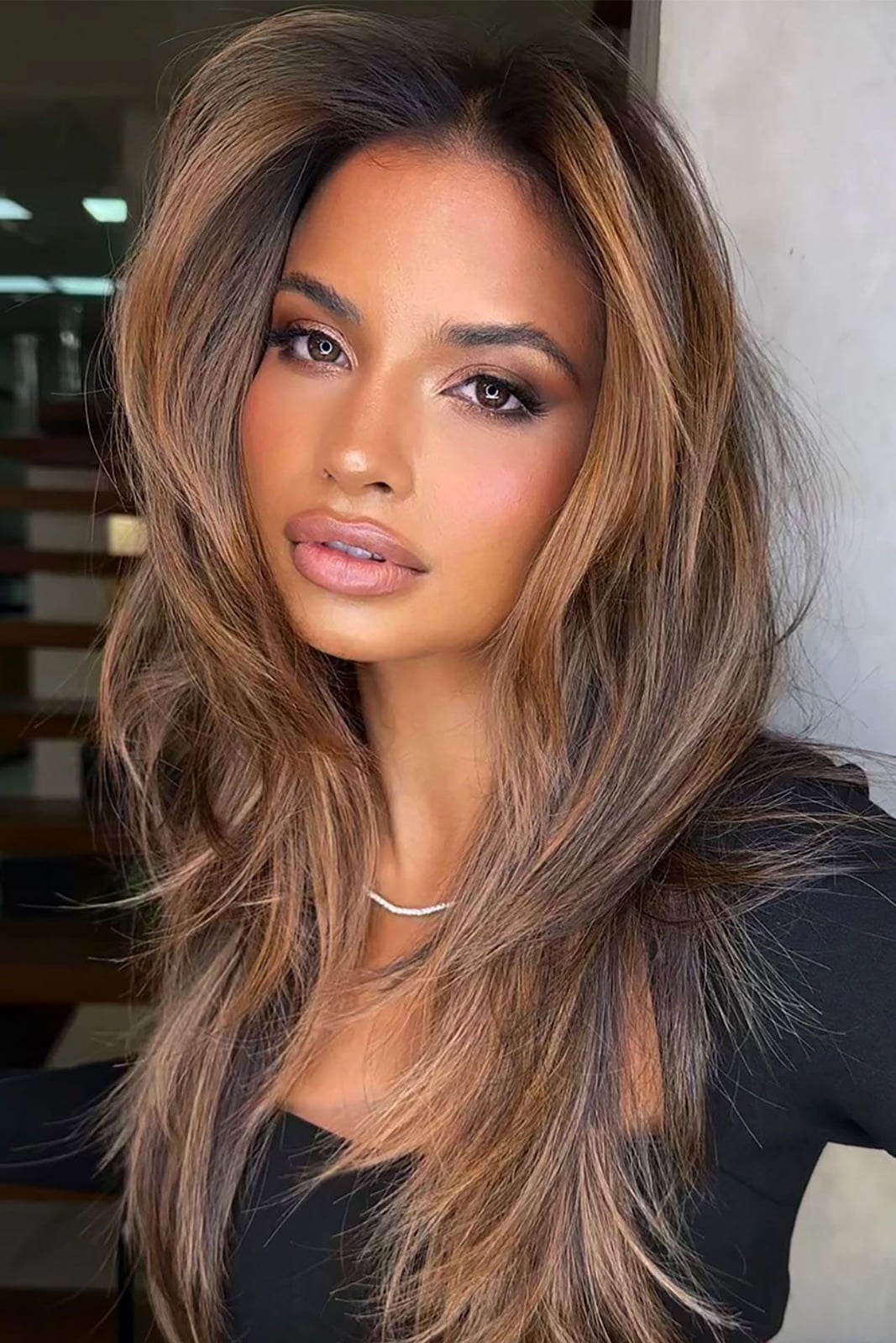 Collarbone Layers With Lighter Brown Highlights Collarbone Layers With Lighter Brown Highlights — Classy Partial Highlights