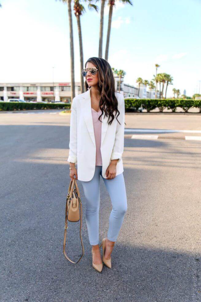 Light Blue Slim-Fit Trousers with White Oversized Blazer Light Blue Slim-Fit Trousers with White Oversized Blazer — Classy Pastel Outfits