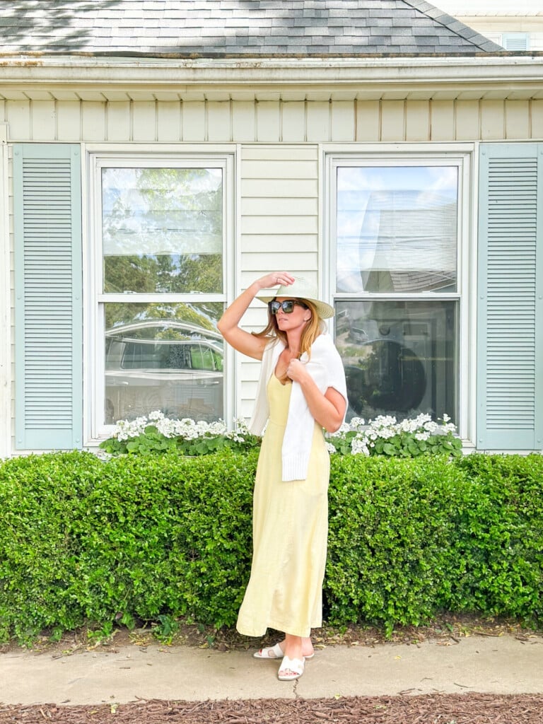 Pale Yellow Linen Slip Dress with Knit Shawl Pale Yellow Linen Slip Dress with Knit Shawl — Classy Pastel Outfits