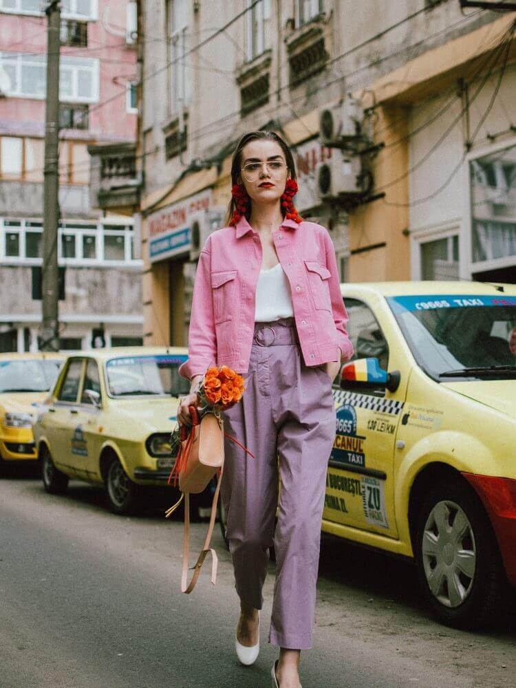 Pink Pastel Denim Jacket with Lilac Trousers Pink Pastel Denim Jacket with Lilac Trousers — Classy Pastel Outfits