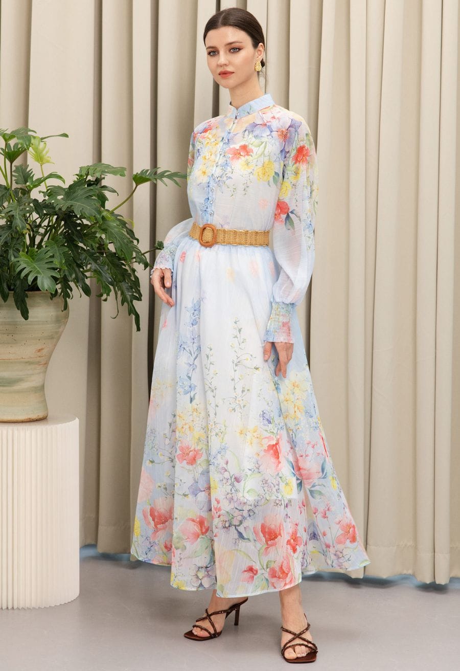 Light Blue Floral Print Maxi Dress with Woven Belt Light Blue Floral Print Maxi Dress with Woven Belt — Classy Pastel Outfits