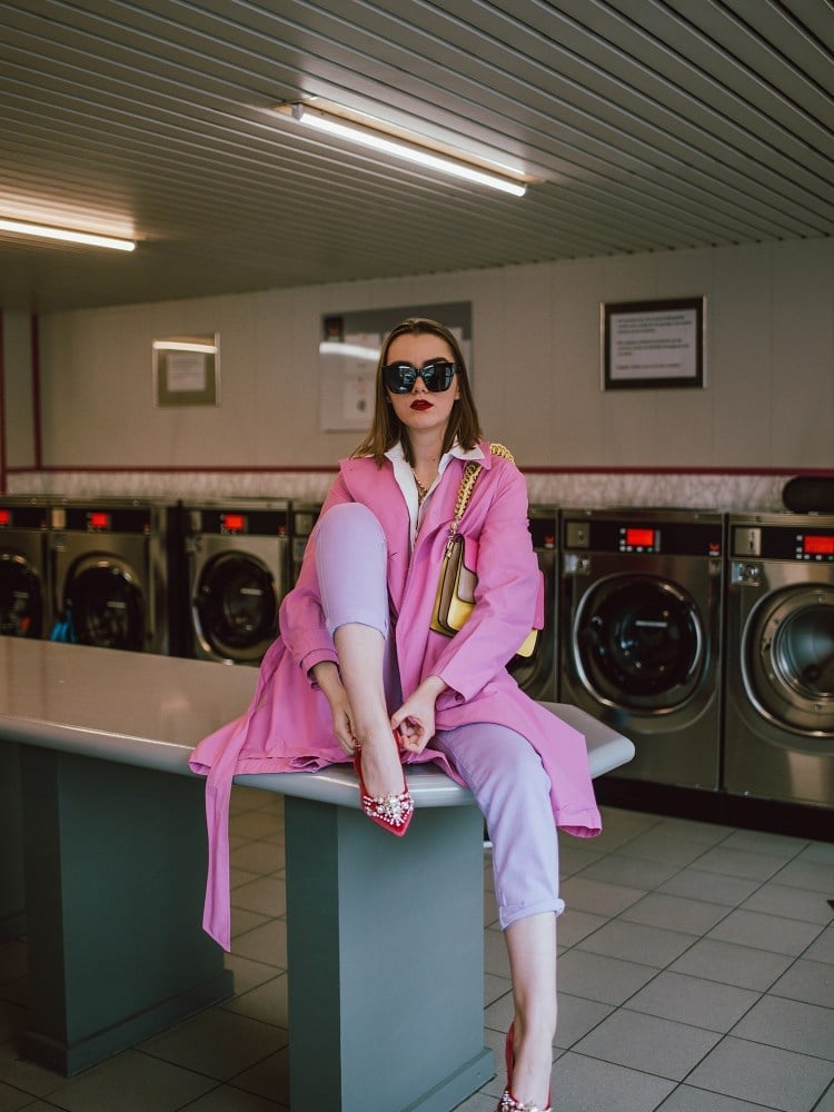 Pink Trench Coat with Lilac Wide-Leg Trousers Pink Trench Coat with Lilac Wide-Leg Trousers — Classy Pastel Outfits