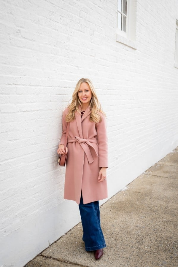 Pink Wrap Coat with Dark Wash Wide Leg Jeans Pink Wrap Coat with Dark Wash Wide Leg Jeans — Classy Pastel Outfits
