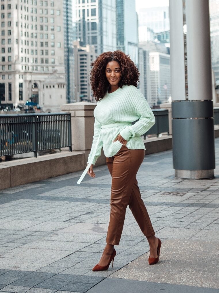 Mint Green Belted Knit Sweater with Brown Trousers Mint Green Belted Knit Sweater with Brown Trousers — Classy Pastel Outfits