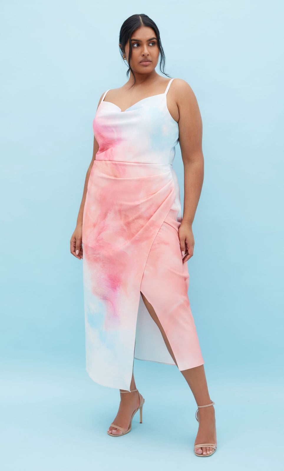 Pastel Tie-Dye Camisole and Wrap Skirt Set With Nude Strappy Heels Pastel Tie-Dye Camisole and Wrap Skirt Set With Nude Strappy Heels — Classy Pastel Outfits