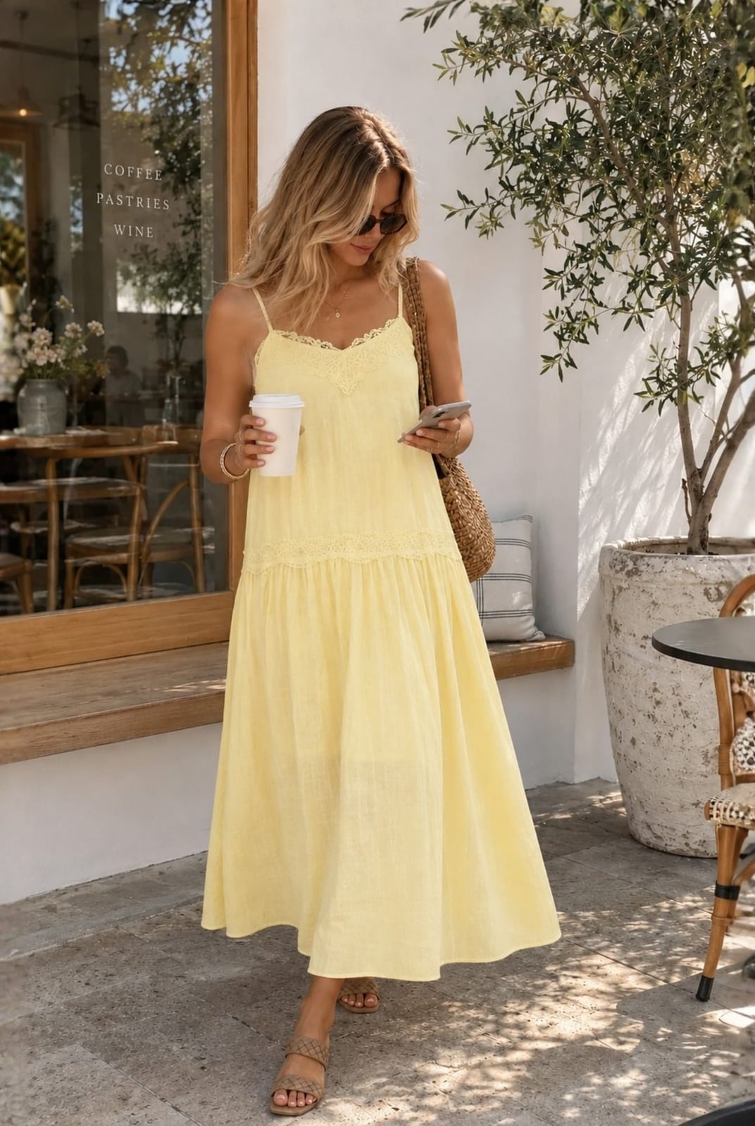 Pale Yellow Maxi Dress with Lace Trim, Close-Up Take Pale Yellow Maxi Dress with Lace Trim, Close-Up Take — Classy Pastel Outfits