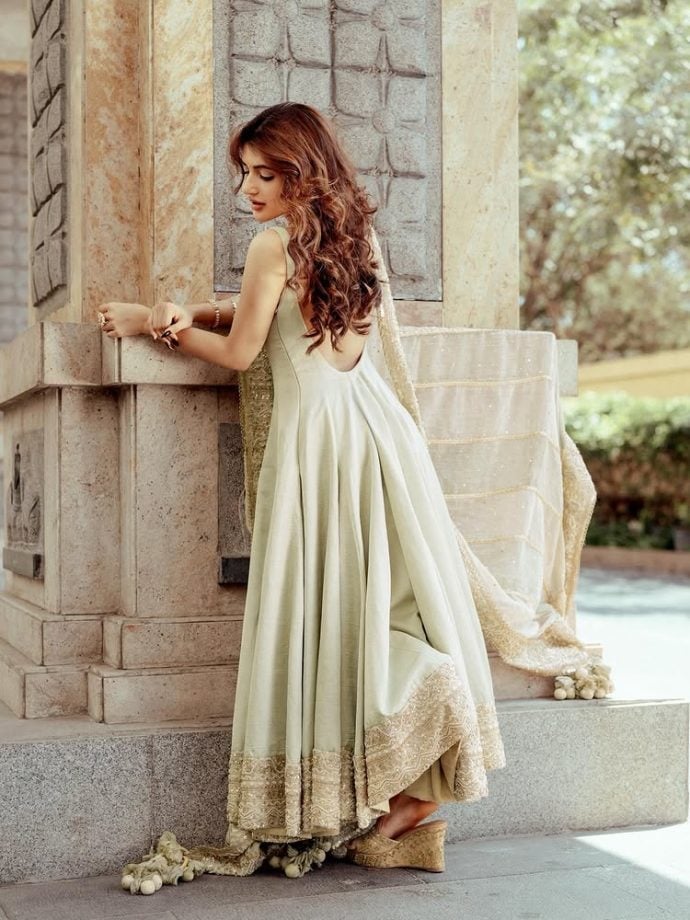 Pale Green Maxi Dress with Gold Embellished Dupatta Pale Green Maxi Dress with Gold Embellished Dupatta — Classy Pastel Outfits