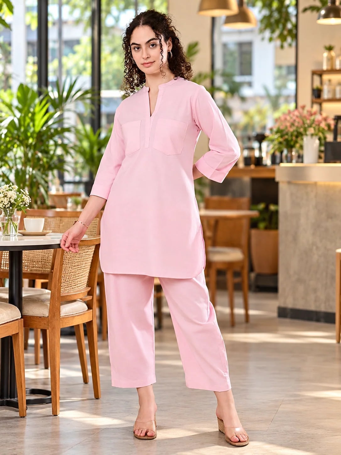 Soft Pastel Pink Tunic with Straight Leg Cropped Pants Soft Pastel Pink Tunic with Straight Leg Cropped Pants — Classy Pastel Outfits