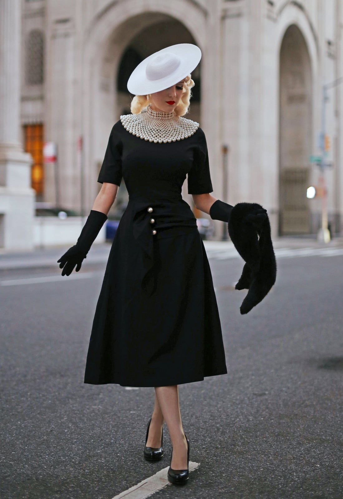 Black Fit and Flare Midi Dress with Pearl Collar Black Fit and Flare Midi Dress with Pearl Collar — Classy Pearl Outfits