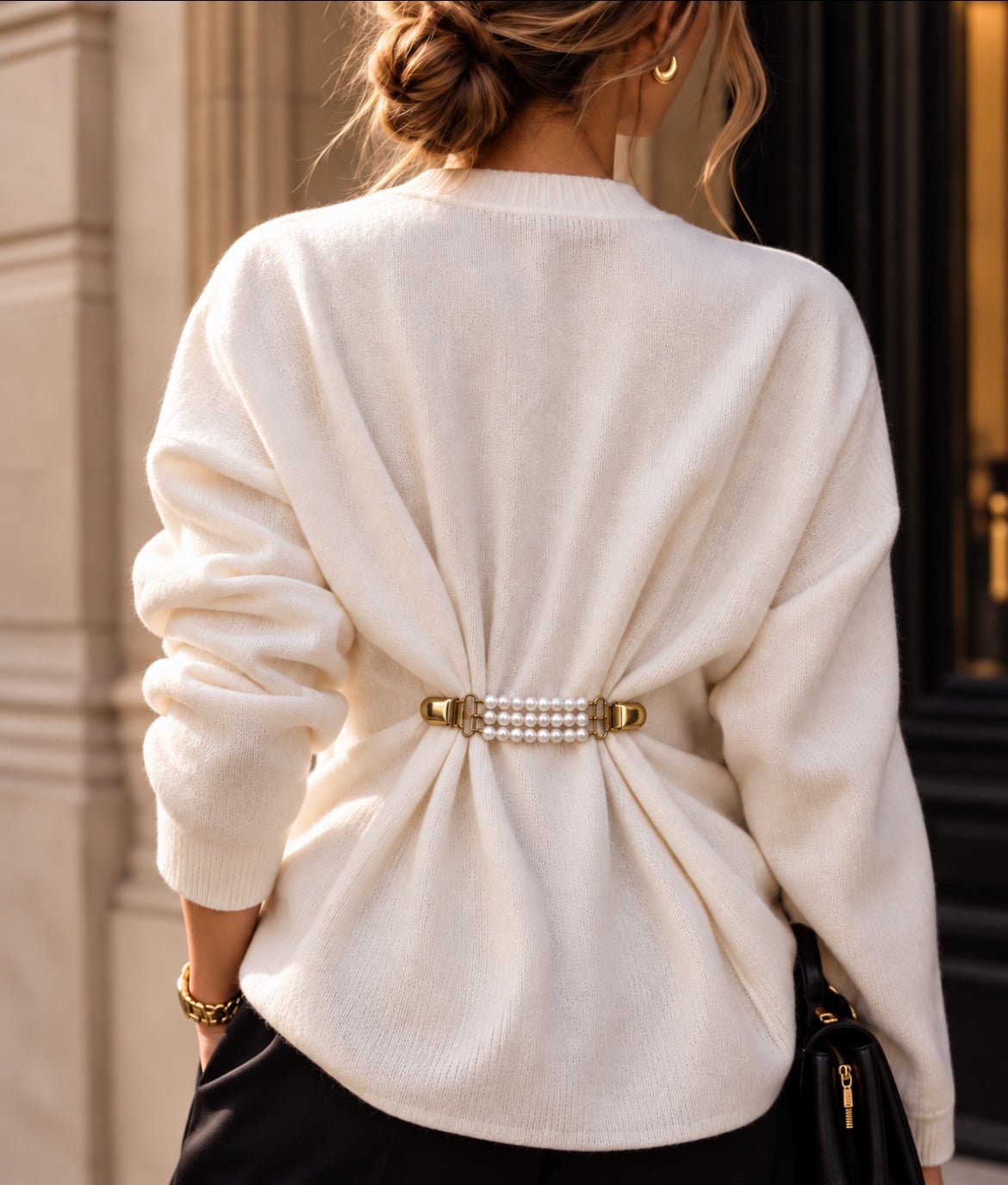 Cream Knit Sweater with Pearl Sweater Clip Cream Knit Sweater with Pearl Sweater Clip — Classy Pearl Outfits
