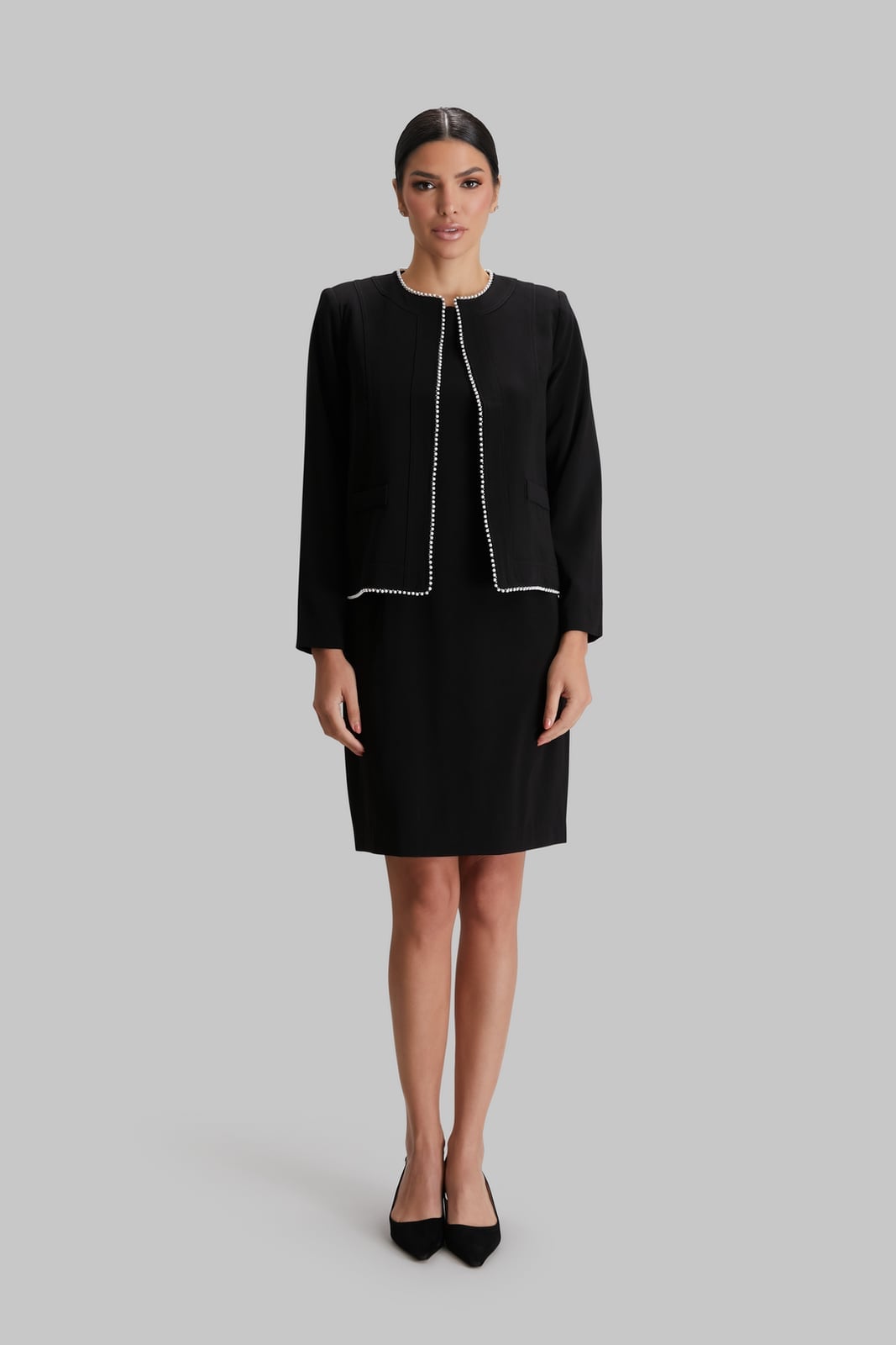 Black Jacket with Pearl Trim Over Sheath Dress Black Jacket with Pearl Trim Over Sheath Dress — Classy Pearl Outfits