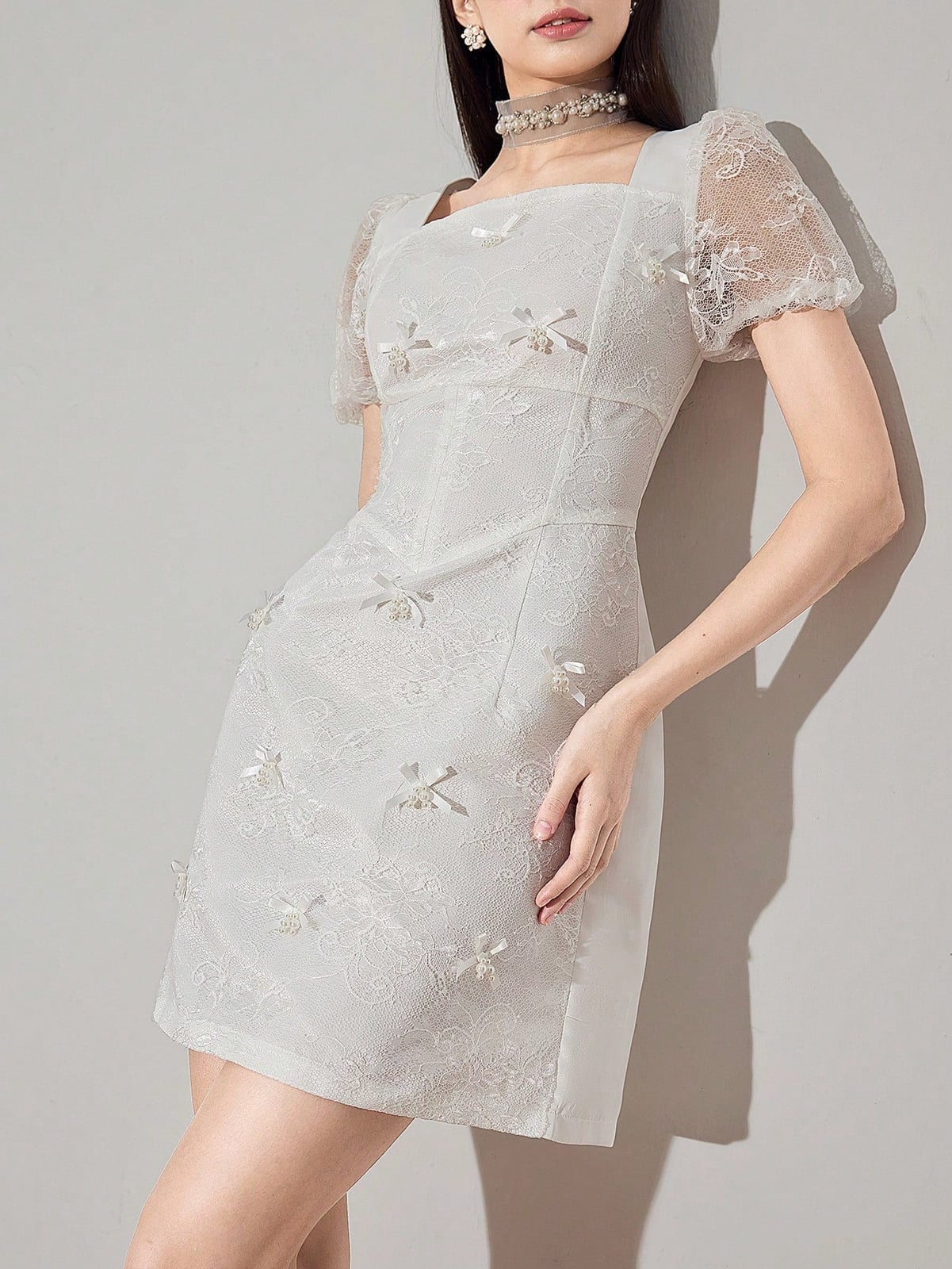White Lace A-line Dress with Pearl Embellishments White Lace A-line Dress with Pearl Embellishments — Classy Pearl Outfits