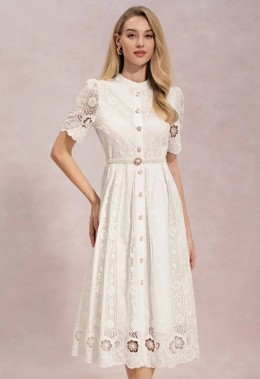 White Embroidered Midi Dress with Pearl Belt White Embroidered Midi Dress with Pearl Belt — Classy Pearl Outfits