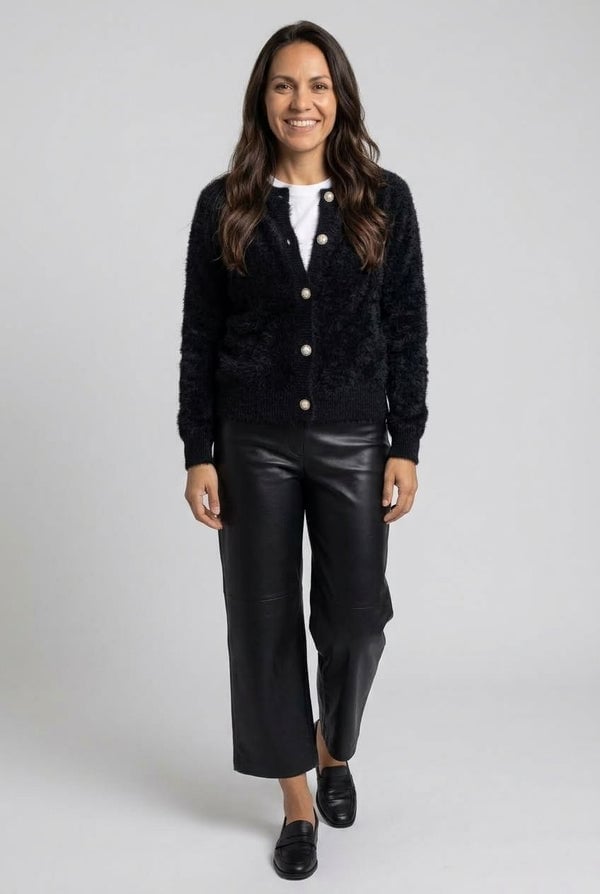 Black Fuzzy Knit Cardigan with Pearl Buttons Black Fuzzy Knit Cardigan with Pearl Buttons — Classy Pearl Outfits