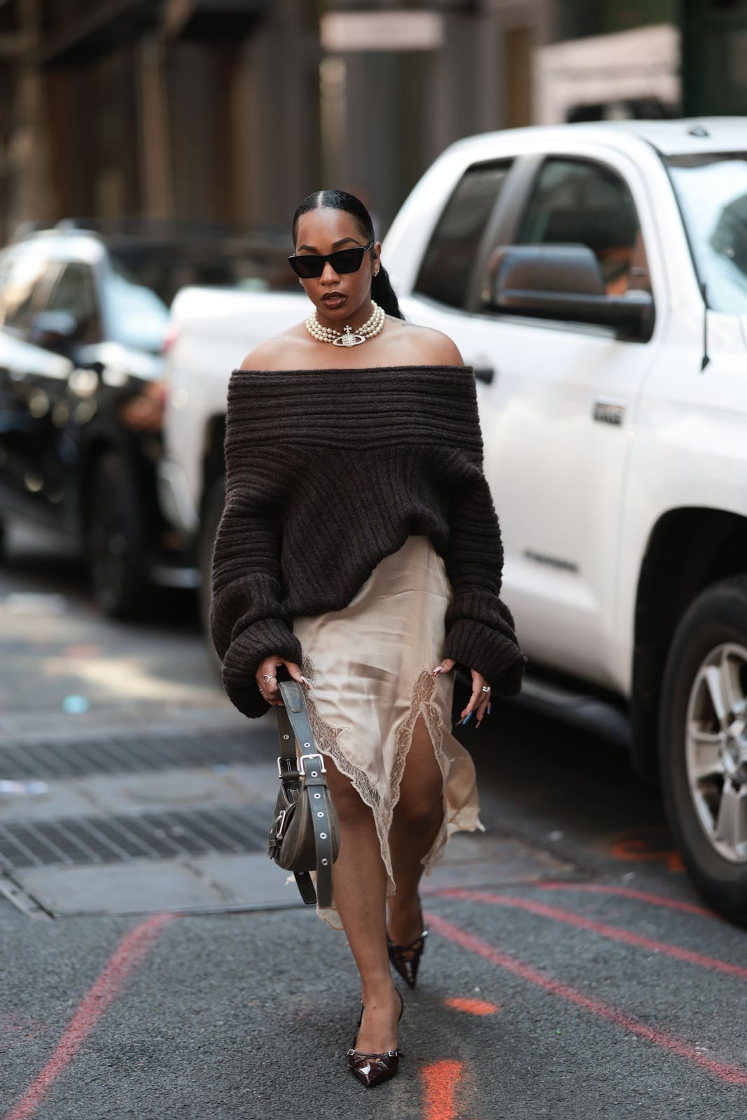 Oversized Knit Sweater Over Satin Slip Dress with Pearls Oversized Knit Sweater Over Satin Slip Dress with Pearls — Classy Pearl Outfits