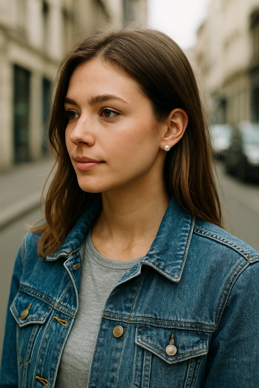 Denim Jacket with Pearl Earrings Denim Jacket with Pearl Earrings — Classy Pearl Outfits