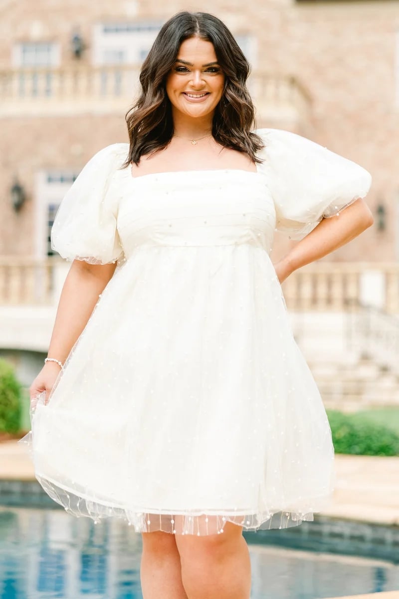 Cream Puff Sleeve Dress with Pearl Embellishments Cream Puff Sleeve Dress with Pearl Embellishments — Classy Pearl Outfits