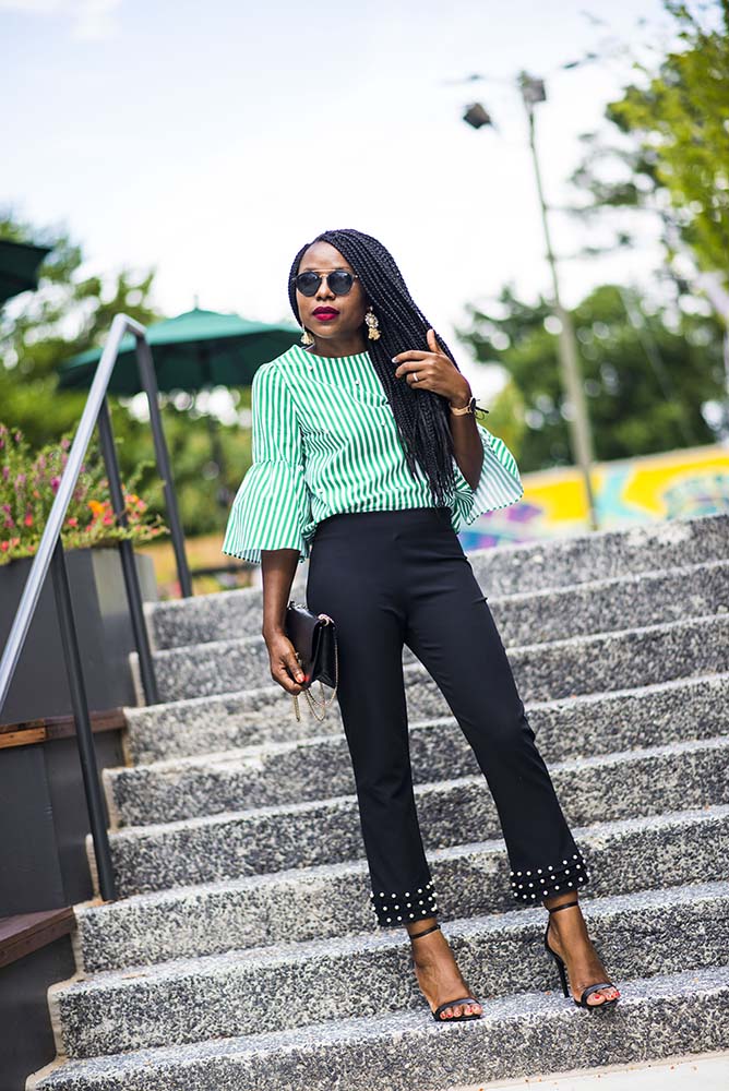 Striped Bell Sleeve Top with Pearl Cuffed Trousers Striped Bell Sleeve Top with Pearl Cuffed Trousers — Classy Pearl Outfits
