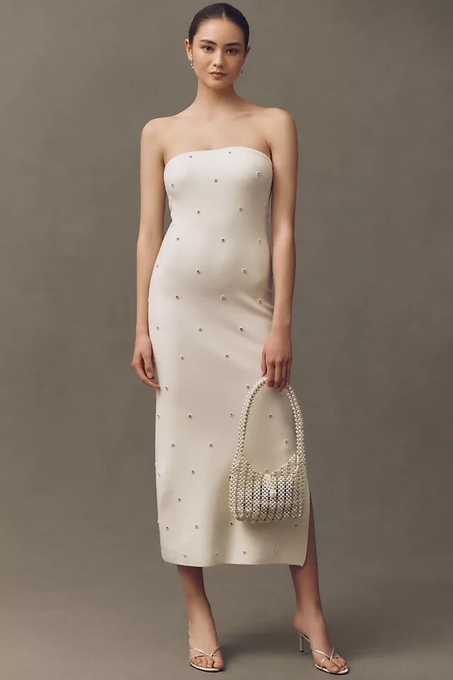 Ivory Strapless Midi Dress with Pearl Embellishments Ivory Strapless Midi Dress with Pearl Embellishments — Classy Pearl Outfits