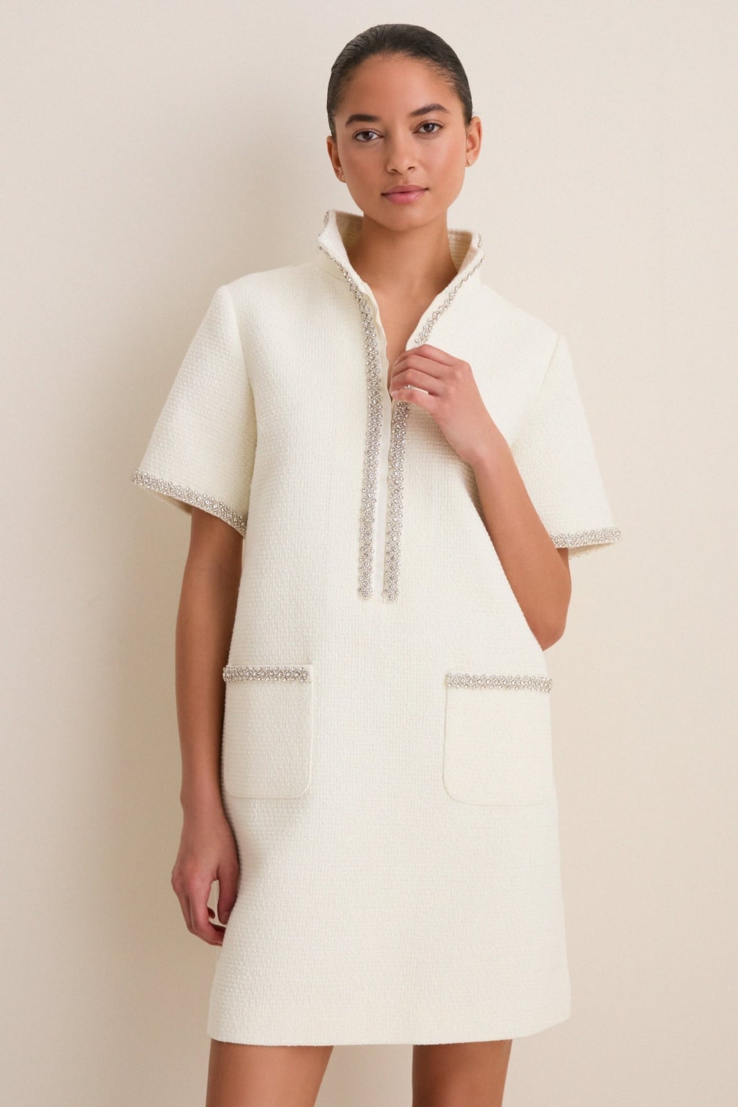 Tweed Shift Dress with Pearl and Silver Trim Tweed Shift Dress with Pearl and Silver Trim — Classy Pearl Outfits