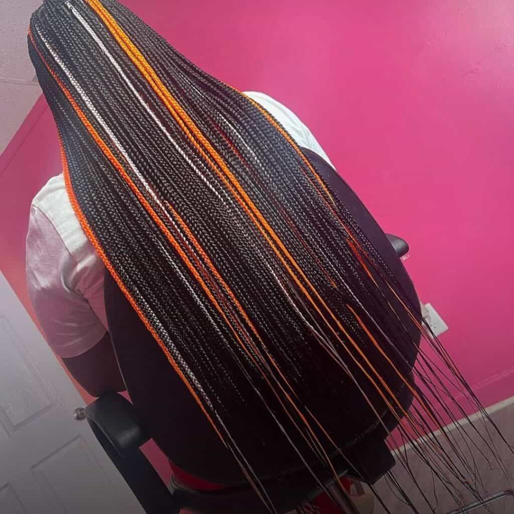Mid-Back Black Box Braids With Orange and White Accents, Straight — Classy Peekaboo Braids