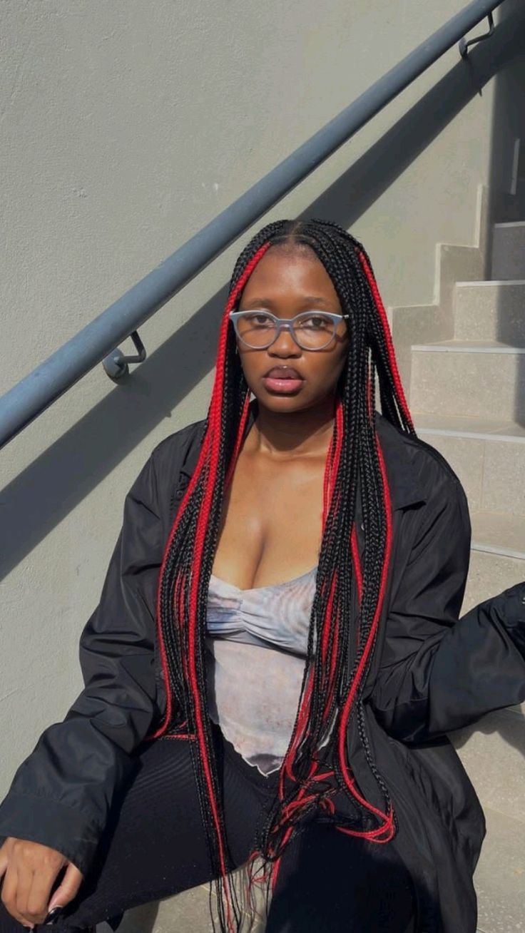Mid-Back Black Box Braids With Striking Red Peekaboo Strands, Straight — Classy Peekaboo Braids