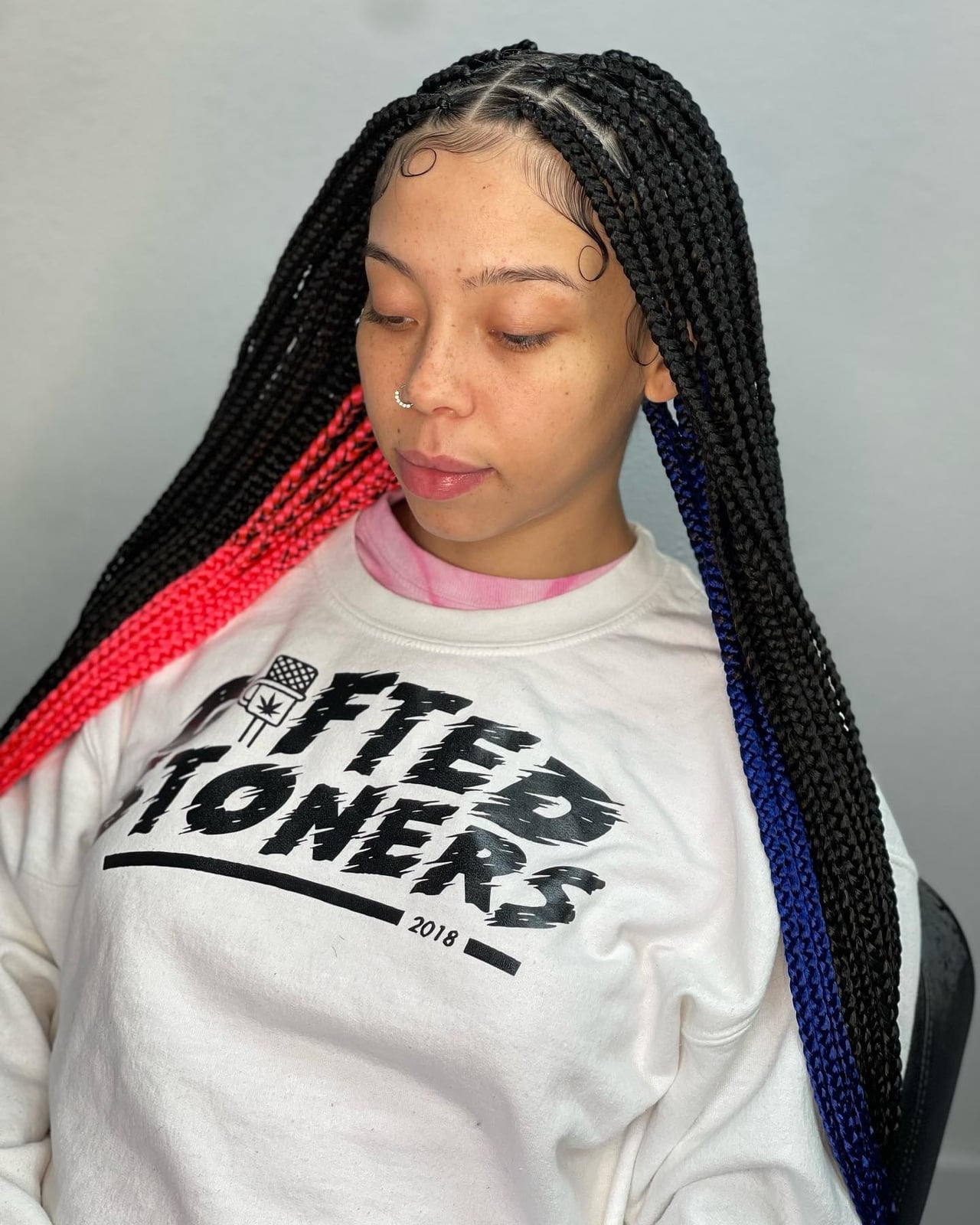 Mid-Back Black Box Braids With Pink and Blue Tips — Classy Peekaboo Braids