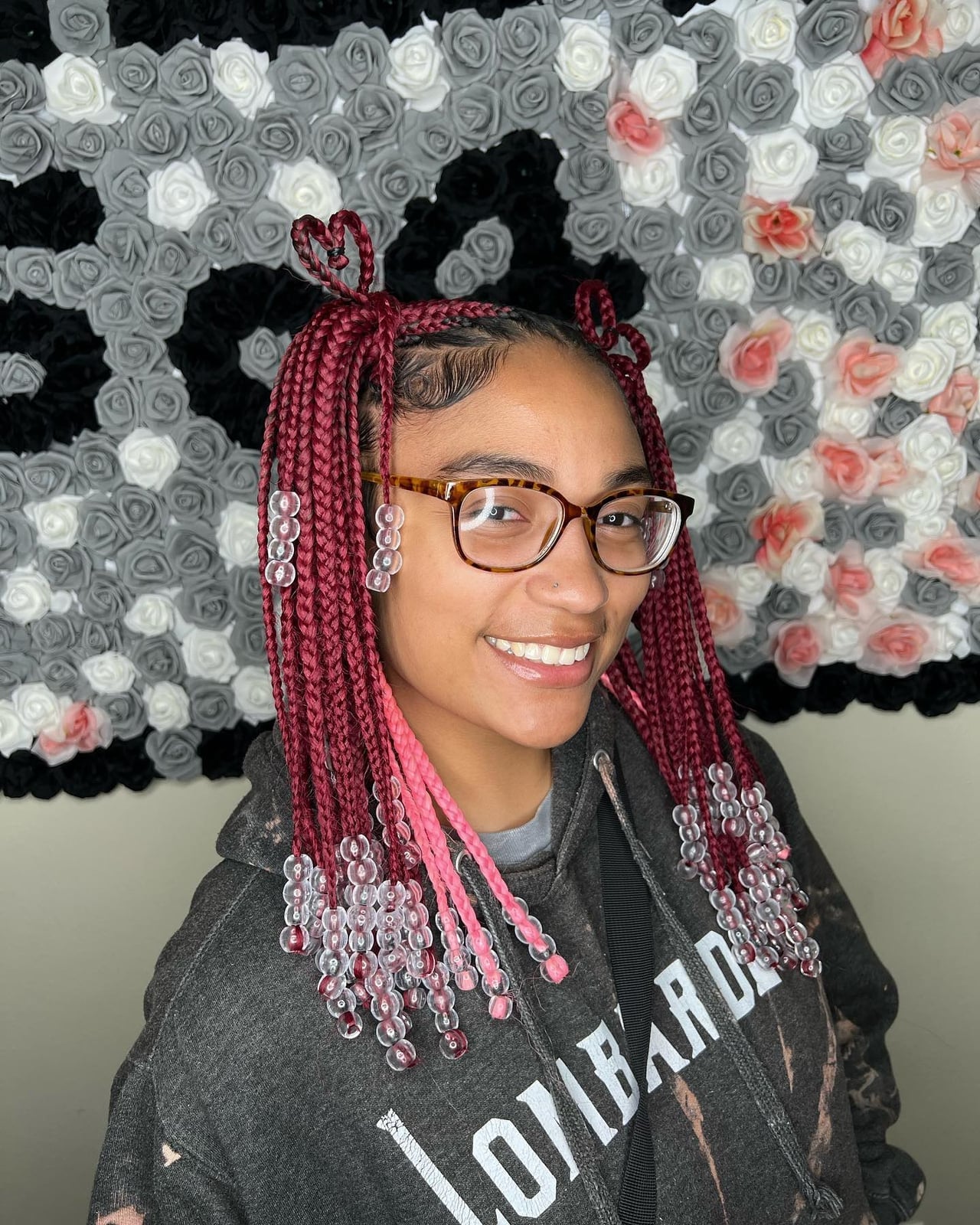 Mid-Back Burgundy Box Braids in Two Pigtails With Beads — Classy Peekaboo Braids